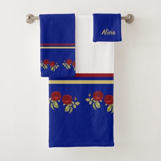 Rode bloem en bladeren blauw monogram bad handdoek (Insitu)