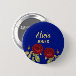 Rode bloem en blauw blad ronde button 5,7 cm
