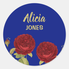 Rode bloem en blauw blad ronde sticker