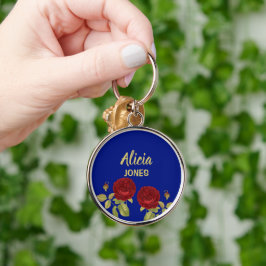 Rode bloem en blauw blad sleutelhanger