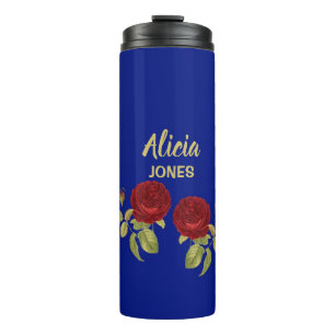 Rode bloem en blauw blad thermosbeker