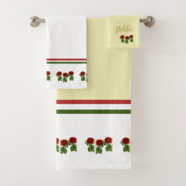 Rode bloem en groene bladeren, aangepaste naam bad handdoek