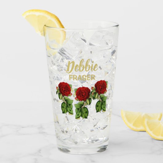 Rode bloem en groene bladeren, aangepaste naam glas (Voorkant ijs)