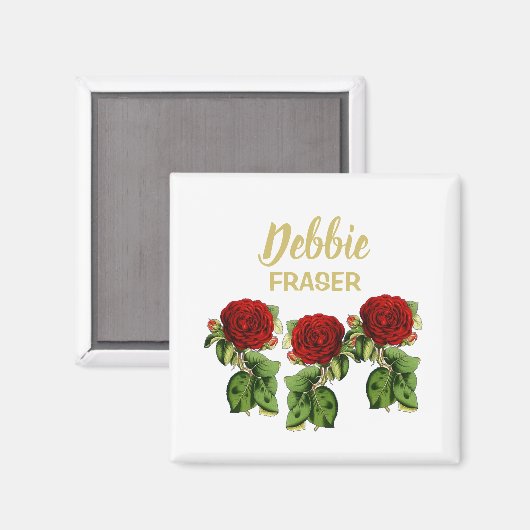 Rode bloem en groene bladeren, aangepaste naam magneet (Voorkant / Achterkant)