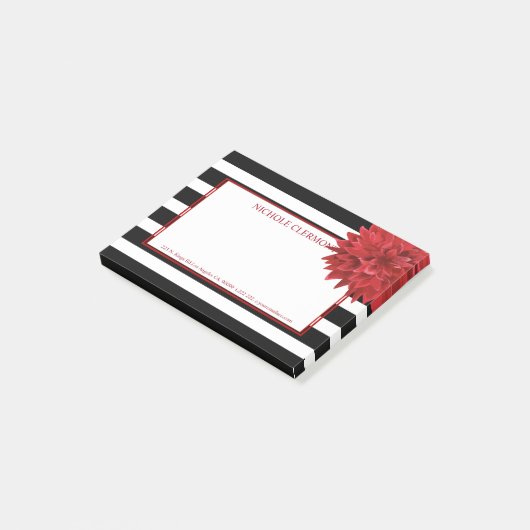 Rode bloem en zwart-witte strepen post-it® notes (Schuin)