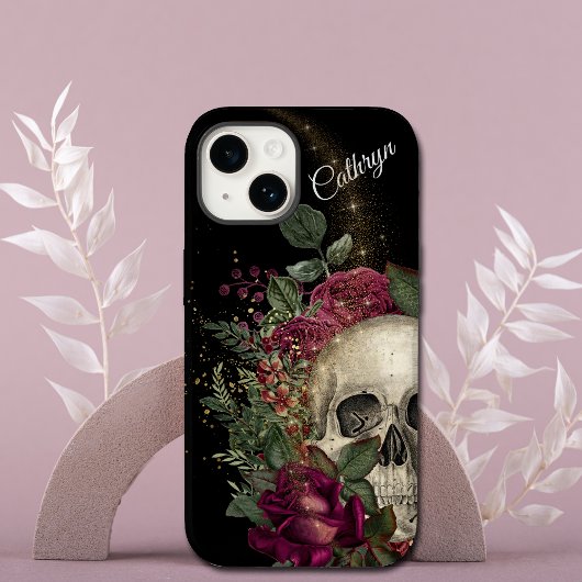 Rode bloem glitterschedel gepersonaliseerd iPhone hoesje