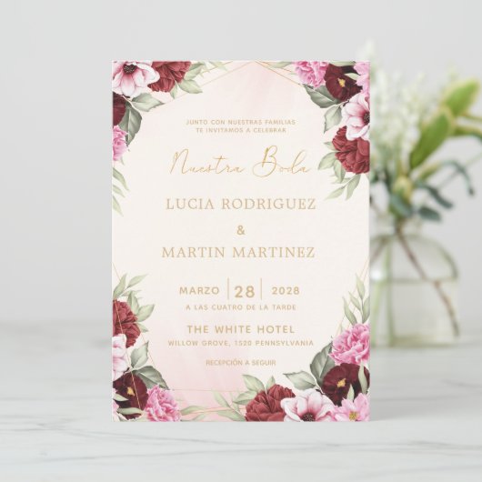 Rode Bloem Goud Frame Nuestra Boda Kaart (Staand voorkant)