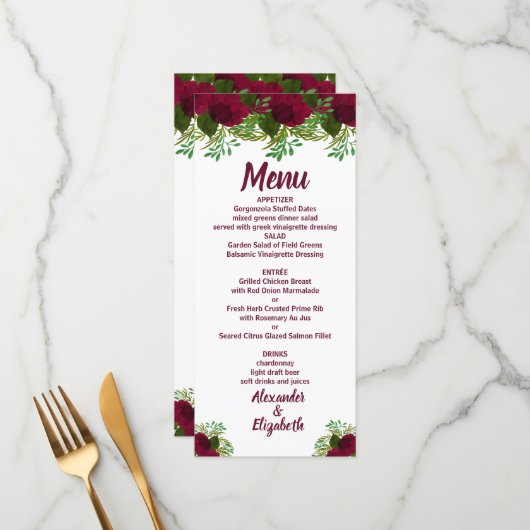 Rode Bloem Groen Bruiloft Receptie Menu (Voorkant / Achterkant in situ)