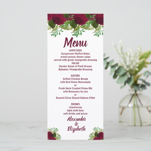 Rode Bloem Groen Bruiloft Receptie Menu (Staand voorkant)