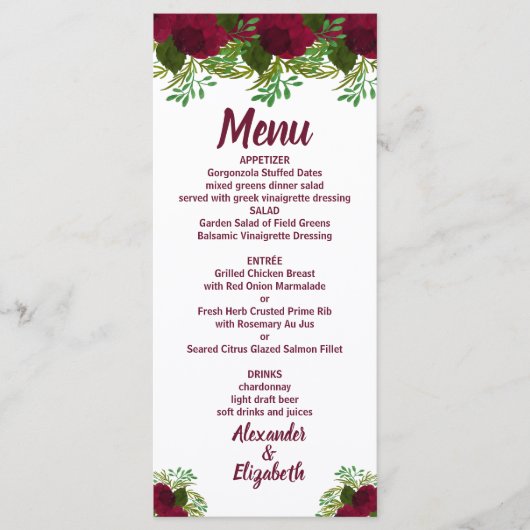 Rode Bloem Groen Bruiloft Receptie Menu (Voorkant)