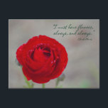 Rode Bloem Inspirerend Tuin Quote Monet Briefkaart<br><div class="desc">Deze foto van een prachtige rode ranunculus shows de bloei om te zweven in de tuin. "Ik heb altijd bloemen nodig, altijd en altijd." Claude Monet. Briefkaart heeft ruimte voor u om een naam of andere personalisatie toe te voegen. Gebruik als een save the date briefkaart, uitnodiging, tuinfeest en meer....</div>