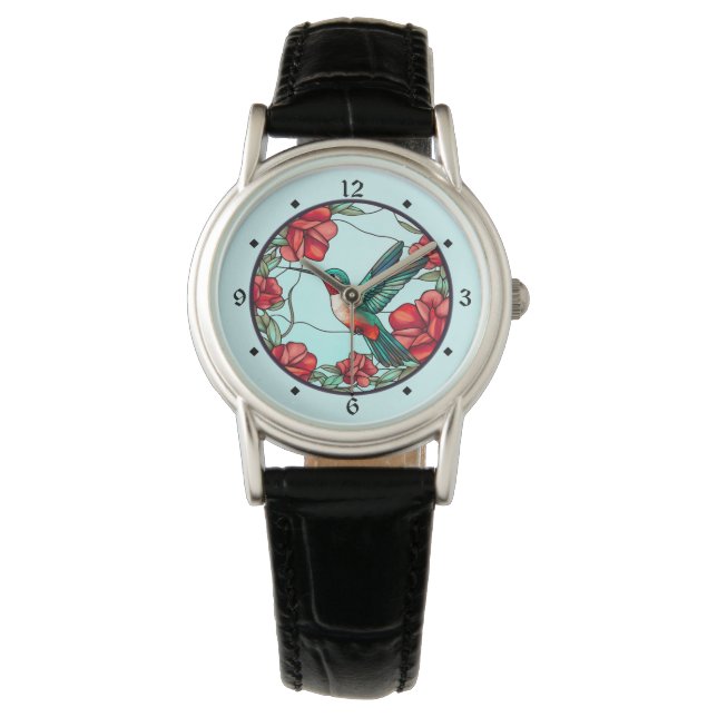 Rode Bloem Kolibrie Horloge (Voorkant)