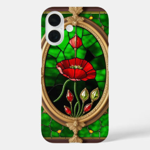 Rode Bloem Levendig Glas-in-Lood Kunst iPhone 16 Hoesje