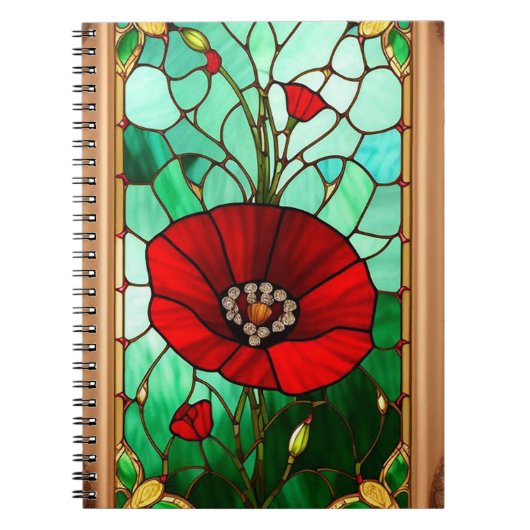 Rode Bloem Levendig Glas-in-Lood Kunst Notitieboek (Voorkant)