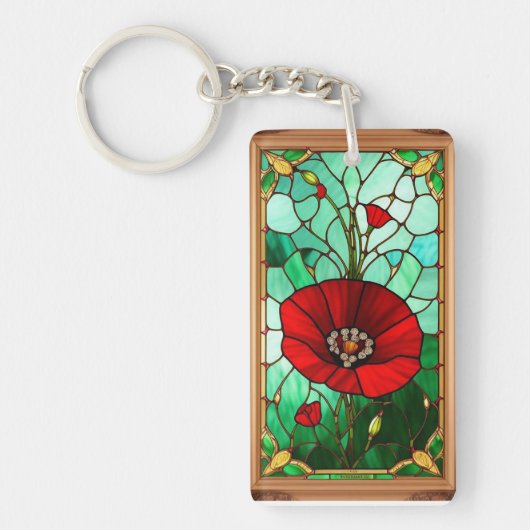 Rode Bloem Levendig Glas-in-Lood Kunst Sleutelhanger (Voorkant)