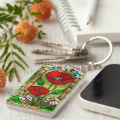 Rode Bloem Levendig Glas-in-Lood Kunst Sleutelhanger (Voorkant Rechts)