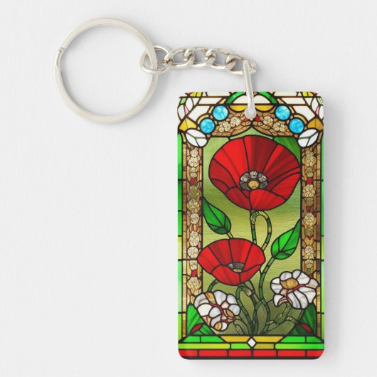 Rode Bloem Levendig Glas-in-Lood Kunst Sleutelhanger (Voorkant)