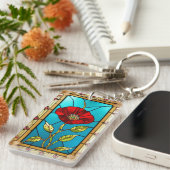 Rode Bloem Levendig Glas-in-Lood Kunst Sleutelhanger (Voorkant Rechts)