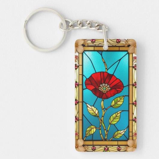 Rode Bloem Levendig Glas-in-Lood Kunst Sleutelhanger (Voorkant)