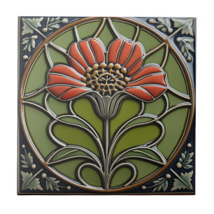 Rode Bloem Mid-Century Symmetrie Kunst en Ambacht Tegeltje