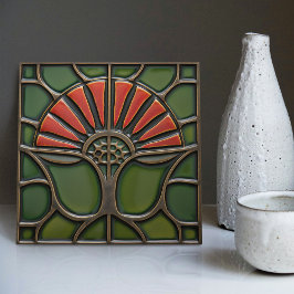 Rode Bloem Midden-Eeuw Symmetrie Kunst en Ambachte Tegeltje