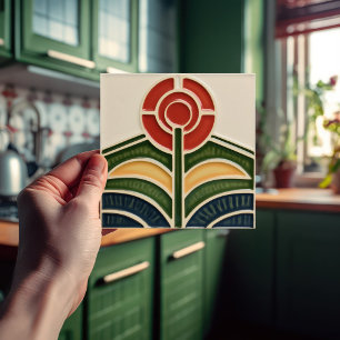 Rode Bloem Midden-Eeuw Symmetrie Kunst en Ambachte Tegeltje