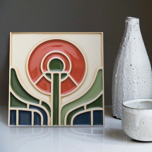 Rode Bloem Midden-Eeuw Symmetrie Kunst en Ambachte Tegeltje