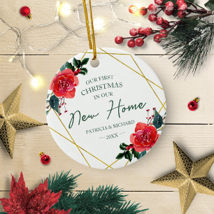 Rode bloem onze eerste kerst in ons nieuwe huis keramisch ornament