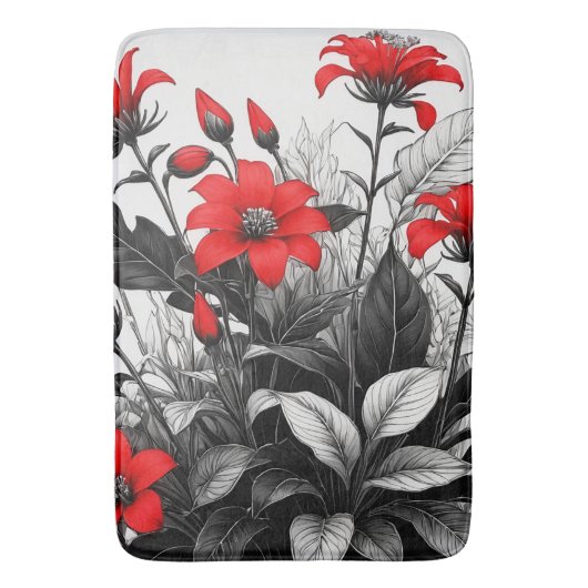 Rode bloem op zwart wit Plant Badmat (Voorkant Verticaal)