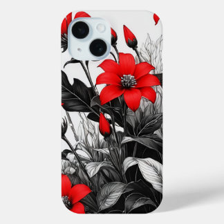 Rode bloem op zwart wit Plant iPhone 15 Case