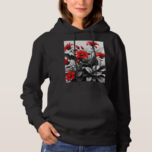 Rode bloem op zwart wit Plant Hoodie (Voorkant)
