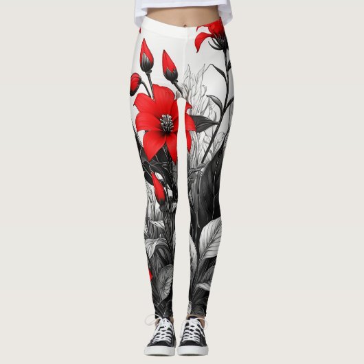 Rode bloem op zwart wit Plant Leggings (Voorkant)