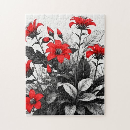Rode bloem op zwart wit Plant Legpuzzel (Verticaal)