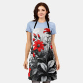 Rode bloem op zwart wit Plant Schort (Gedragen)