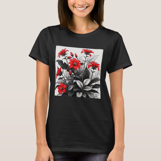 Rode bloem op zwart wit Plant T-shirt (Voorkant)