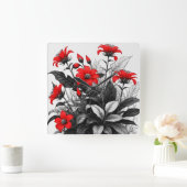 Rode bloem op zwart wit Plant Vierkante Klok (Huis)