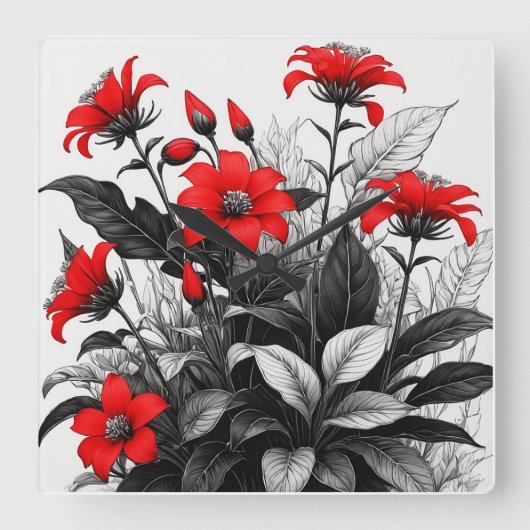 Rode bloem op zwart wit Plant Vierkante Klok (Voorkant)