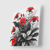 Rode bloem op zwart wit Plant Vierkante Klok (Hoek)