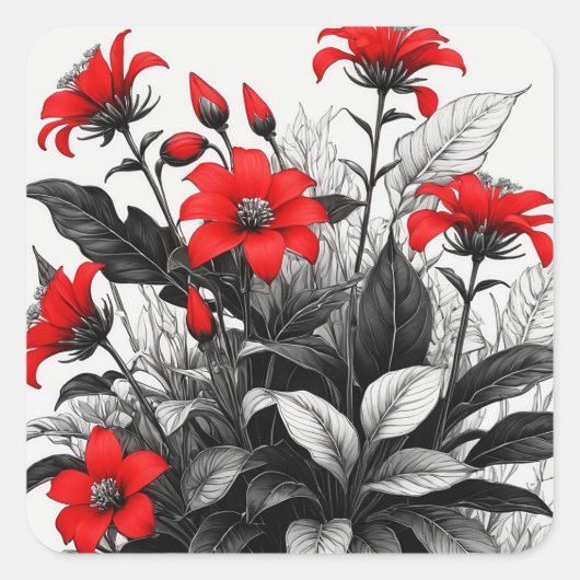 Rode bloem op zwart wit Plant Vierkante Sticker (Voorkant)