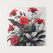 Rode bloem op zwart wit Plant Wandkleed (Voorkant)