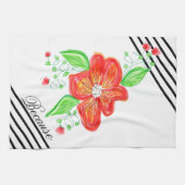 Rode bloem op zwarte en witte streep handdoek (Horizontaal)
