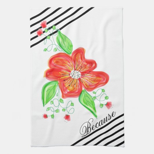 Rode bloem op zwarte en witte streep handdoek (Verticaal)