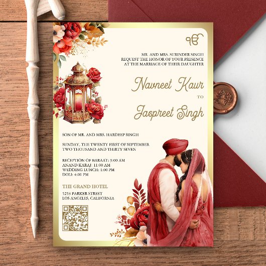 Rode Bloem QR Code Anand Karaj Sikh Huwelijk Kaart