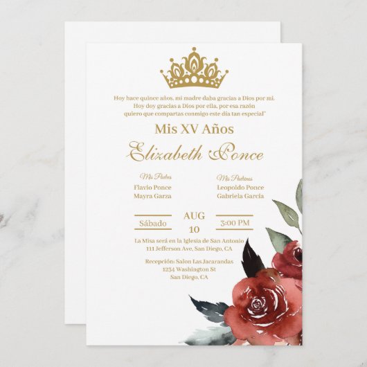 Rode bloem Quinceanera uitnodiging (Voorkant / Achterkant)