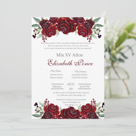 Rode bloem Quinceanera uitnodiging (Staand voorkant)