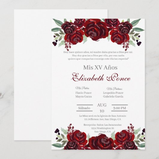 Rode bloem Quinceanera uitnodiging (Voorkant / Achterkant)