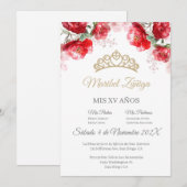 Rode bloem Quinceanera uitnodiging met kroon (Voorkant / Achterkant)