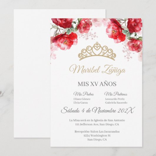 Rode bloem Quinceanera uitnodiging met kroon (Voorkant / Achterkant)