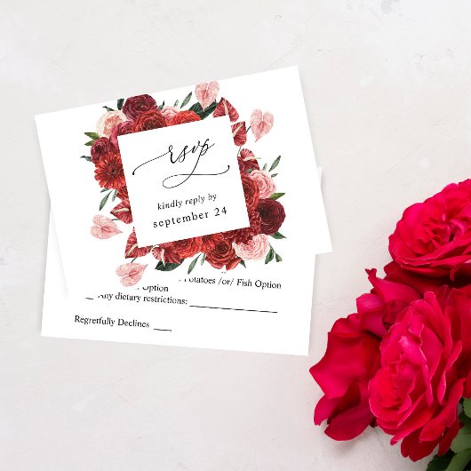 Rode bloem RSVP met maaltijd Kaartje