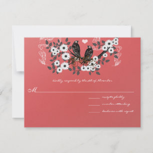 Rode Bloem Tak Vintage Liefdesvogels Trouwen #3 RSVP Kaartje